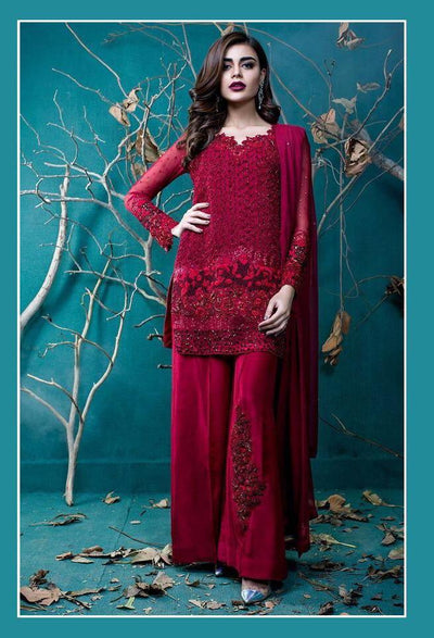 Red Rosemeen Festive Pakistani Designer Heavy Embroidered Salawar Kameez
